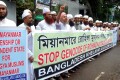 মিয়ানমারে রোহিঙ্গ মুসলিম গণহত্যা বন্দের দাবিতে সোমবার জাতীয় প্রেসক্লাবের সামনে মানববন্ধন করে বাংলাদেশ খেলাফত আন্দোলন ঢাকা মহানগর-পিএনএস