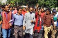 বুধবার রাজধানীর শাহবাগে নিজামীর ফাঁসির রায় কার্যকরের দাবিতে বিক্ষোভ মিছিল করে গনজাগরন মঞ্চ-পিএনএস